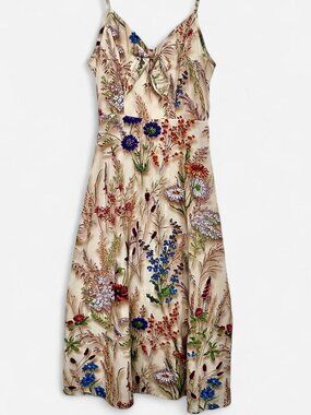 Floral Satin Tie Front Midi Slip Dress Smocked Back Size S